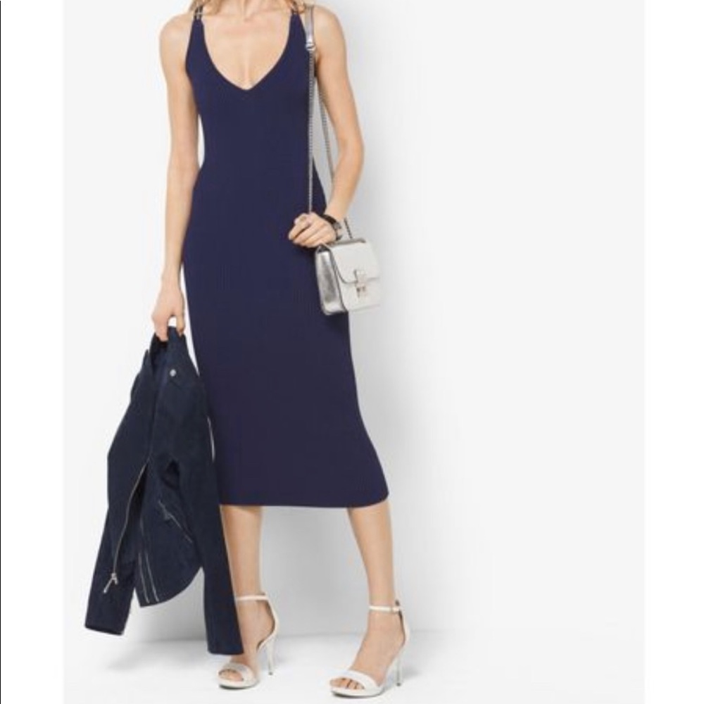 Michael Kors Navy Midi Ribbed Sweater Dress